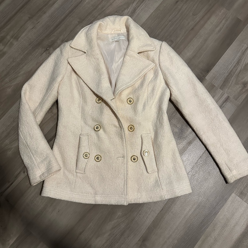 New York & Company Women's Cream Double-Breasted Boiled Wool Peacoat Size S
